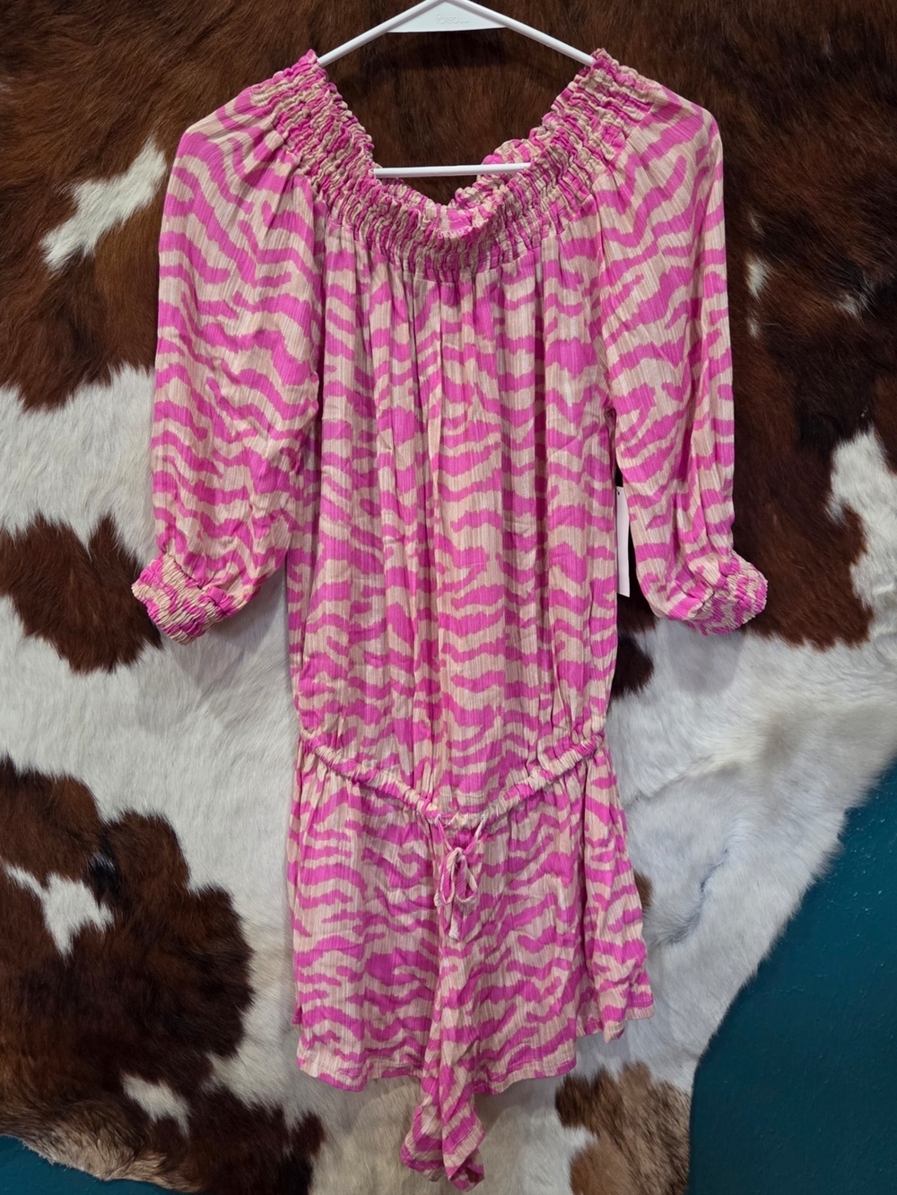 Raisins Pink and Cream Zebra Print Off-Shoulder Romper